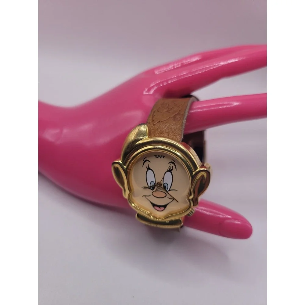 Vintage Disney Dopey Timex Watch Snow White Seven Dwarfs Gold Tone Leather